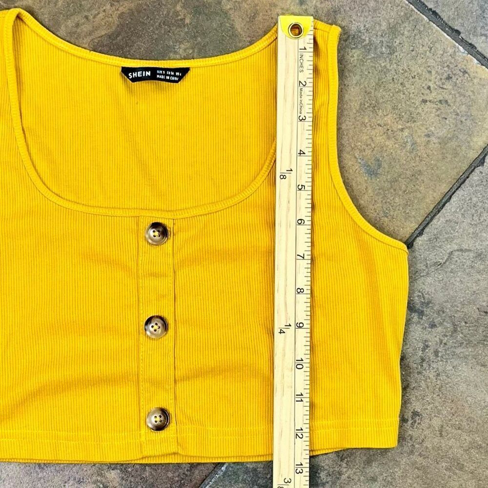 Shein Mustard Yellow Ribbed Button-Front Crop Top Small - Picture 4 of 10